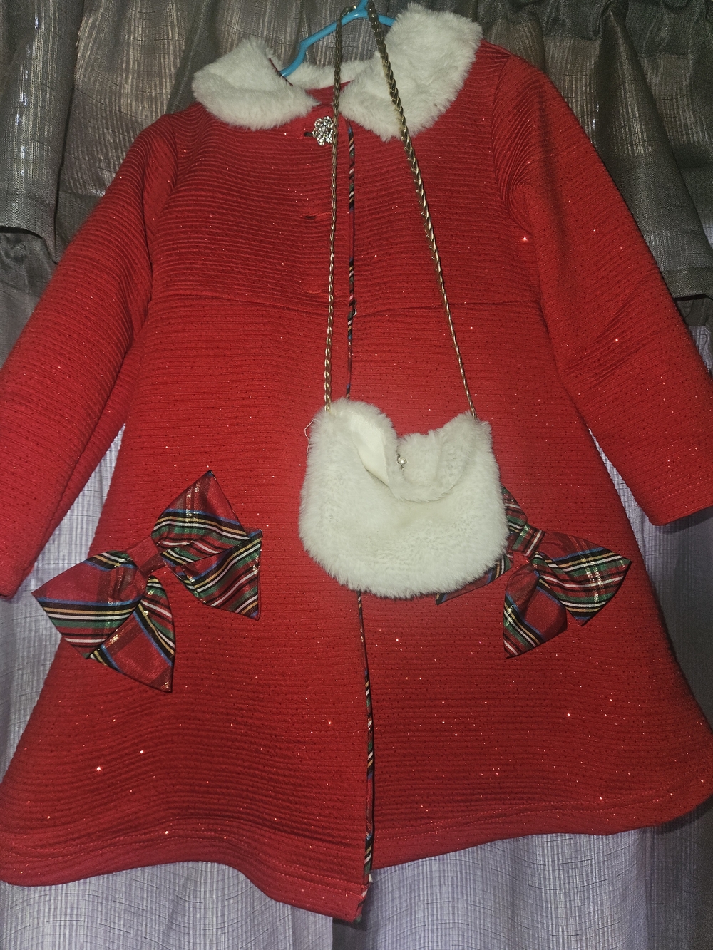 Girls' Festive Red Dress Coat with Faux-Fur Collar and Handbag